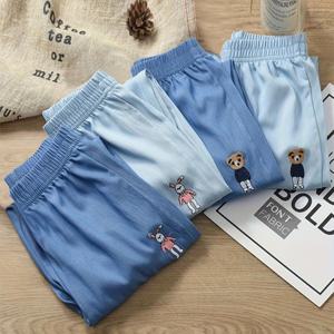 TEMU 원팩 어린이 모기방지 바지 여름용 얇은 스타일 소년 및 소녀 아이스 슬립피 섬유 원단 캐주얼 긴바지, 야외 활동에 적합