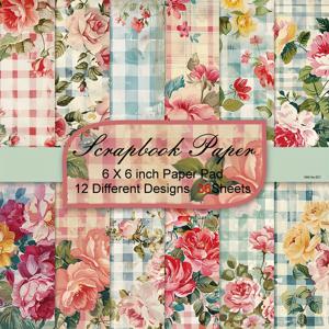 TEMU 36장 스크랩북 용지, 6×6인치, DIY 장식 배경 카드 만들기 재료, 스크랩북 공예용 아트 페이퍼 - 빈티지 체크무늬 꽃 패턴 카드스톡 용지