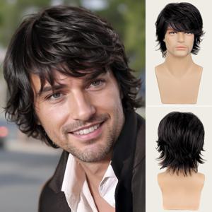 TEMU 10인치 스타일리시 블랙 남성용 가발, 옆머리 프린지, 데일리 외출, 생일 파티, 할로윈, 크리스마스 및 기타 축제 롤플레잉에 적합한 레이어드 디자인