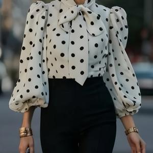 TEMU 화이트 폴카 도트 리본 셔츠, 퍼프 소매 빈티지 쉬폰 블라우스, 프렌치 스타일 빈티지 셔츠, 달콤한 커뮤터 탑, 데이트용 젠틀 스타일 셔츠, 헤프번 스타일 빈티지 탑, 라이트라이크 셔츠 대형 리본 칼라, 코틀리 퍼프 소매 블라우스 러플 트림, 허리 라인 강조 탑, 2025 봄 신상, 바이럴 스타일 셔츠, 탑