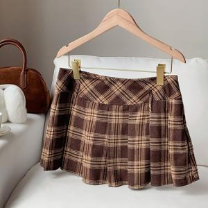 TEMU 여성용 캐주얼 프레피 스타일 격자무늬 주름 치마, 안감 언더스커트 포함, 귀엽고 편안한 착용감