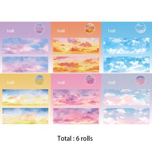 TEMU 6롤 PET 테이프 세트 | 드림 와 석양 패턴, 스크랩북 및 카드 장식용 - 스카이 레일드 시리즈