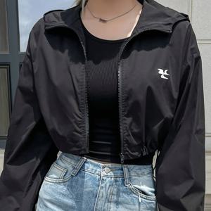 TEMU 여성용 봄/가을 컬리지 스타일 캐주얼 자켓, 자수 디자인 & 후드 & 크롭 웨이스트