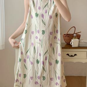TEMU 여성용 민소매 탱크탑 세트, 캐주얼하고 달콤한 꽃무늬 식물 프린트 패턴, 부드럽고 피부 친화적인 원단, 수면용으로 적합한 루즈핏 수면 원피스