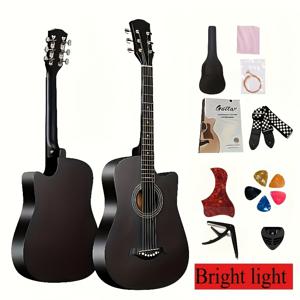 TEMU 전문가에게 필수적인 38인치 어쿠스틱 기타 선물 세트 (광택 엔드). 초보자 연습에 적합한 반짝이는 기타입니다. 카포, 기타 백팩, 피크, 조절 가능한 기타 스트랩, 멋진 버건디 피크가드 등 9가지 추가 아이템 포함.