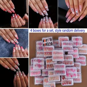 TEMU 48개입 프레스온 네일, 중간 길이 네일 스티커, 96개입 프렌치 스타일 프레스온 네일, 랜덤 스타일 발송, 반짝이는 라인스톤 장식, 여성 및 네일 아트용