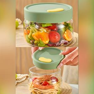 TEMU 대용량 전자레인지 사용 가능 유리 도시락통 - 플립탑 뚜껑, 밀폐 기능, 핫/콜드 보관, 내구성 강한 원형 벤토 용기, 식기세척기 사용 가능, 사무실/피크닉용 재사용 가능 유리 보관 용기