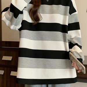 TEMU 플러스 사이즈, 일본과 한국풍 플러스사이즈 여성용 레트로 얇은 봄가을 얇은 배 커버 루즈핏 티셔츠 긴소매 라운드넥 블라우스