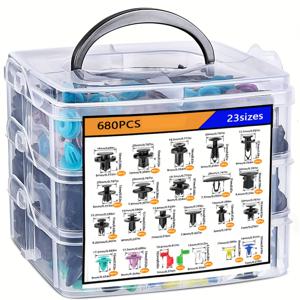 TEMU 680개 및 725개 자동차 푸시 패스너 세트 (자동차 패스너 분류 포함) - 23가지 가장 일반적인 사이즈의 나일론 범퍼, 머드가드, 리벳 스트랩, 케이블 타이 10개, 패스너 제거용 도구 포함.