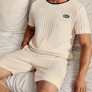 TEMU 남성용 단색 리브 캐주얼 반팔 반바지 파자마 세트, 크루 넥, 중간 스트레치, 정규 핏, 올 시즌 편안한 착용, 편안한 루즈웨어 | 편안한 핏 파자마 | 중간 탄성 소재 아버지의 날 선물