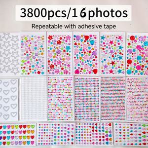 TEMU 3800개 16장 조합 혼합 다양한 패턴 진주 라인스톤 스티커, 장식 스티커, 사랑의 하트 눈물방울 별 원형, 접착식 뒷면, 흔적 없음