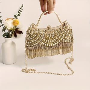 TEMU 여성용 이브닝 클러치백, 트렌디한 더블 핸들 태슬 클로우 클러치 스톤 장식, 반짝이는 유리 박스백, 우아한 이브닝 숄더 크로스바디백