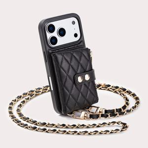 TEMU 휴대폰 케이스 - 1개 대용량 소형 향기 스타일 더블 버클 휴대폰 가방 카드 홀더 지갑형 분리형 카드홀더 휴대폰 케이스 (카드 슬롯 및 체인 스트랩 포함), 고급 퀼팅 커버, 아이폰 17, 애플 16 Pro Max 호환