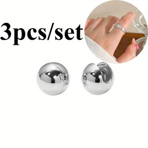 TEMU 심플하고 세련된 기하학적 구형 홀 여성 패션 링 귀걸이 3종 세트 + 라이트 럭셔리, 디자인, 다용도 링 - 여성의 독특하고 신선한 액세서리