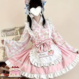 TEMU 여성용 메이드 코스튬 드레스 - 무료 앞치마 포함, 귀여운 애니메이션 역할극 의상, 반팔(또는 긴팔) 파티 드레스, 러플 헴 & 메이드 테마 이벤트, 메이드 카페용 (세탁기 사용 가능)