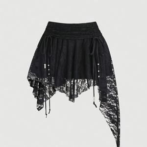 TEMU 스타일 레이스 러플 비대칭 밑단 드로스트링 허리 플리츠 여성 미니 스커트