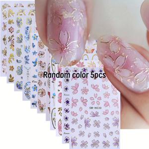 TEMU 5개입 봄/여름 꽃 네일 스티커 | 벚꽃 꽃잎 디자인, 반짝이는 자가 접착, 자수 종이, 일회용, 축제 선물 네일 용품, 네일 액세서리