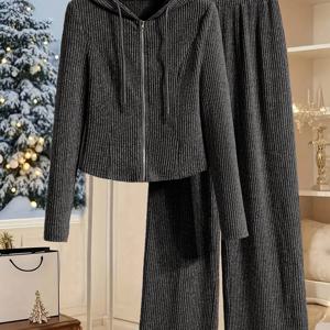 TEMU 우아한 여성용 솔리드 컬러 후드 긴팔 상의와 바지 2피스 세트