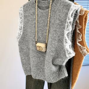 TEMU Bk251212013 스타일리시 여성 탑, 우아한 레이스 패치워크 라운드넥 조끼, 캐주얼하고 세련된 스웨터 조끼