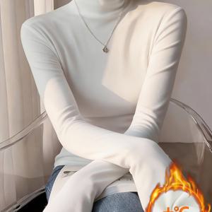 TEMU 특가 : 여성용 하프 하이 칼라 보온 베이스 레이어 티셔츠, 슬림핏, 따뜻한 긴소매, 브러시드 화이트 탑