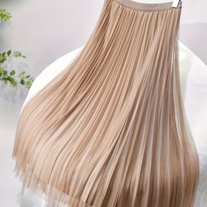 TEMU 메쉬 미디 스커트 여성용 A라인 플리츠 탄성 허리 여성