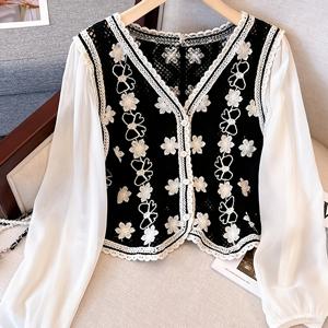 TEMU 여성용 롱소매 에스닉 스타일 쉬폰 가디건 - 레이스업 크로셰 자수 아우터웨어