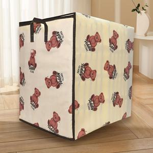TEMU 만화 곰돌이 프린트가 있는 간편한 패브릭 수납 가방 - 다기능 정리 가방 - 지퍼로 접을 수 있으며 시즌별 의류 보관에 적합 - 옷과 담요를 보관할 수 있는 옷장 정리용으로 이상적이며 대용량 여행용 러기지 가방