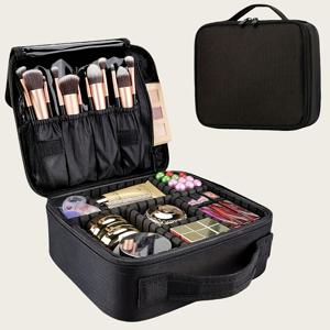 TEMU 검은색 나일론 여성 미니멀 화장품 수납 가방. 조절 가능한 칸막이가 특징입니다. 여행용 수납 파우치