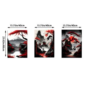 TEMU 프레임 없는 후지산 사원 일본 자연 풍경 캔버스 그림 3점 세트, 블랙 앤 레드 빈티지 잉크 아트 프린트, 거실 침실 홈 벽용 무테 유화