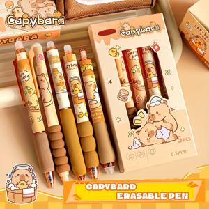 TEMU 소프트 그립 클릭 가능한 지우개 카피바라 젤펜 5개 세트, 학생 선물 상품, 0.5mm 블루 잉크