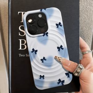 TEMU 휴대폰 케이스 - 미니멀하고 산뜻한 블루 그라데이션 하트 & 리본 패턴, MagSafe 호환, 아이폰 16/16Pro/16Promax/16Plus/15/15Pro/15Promax, 14/14Pro/14Promax, 13/13Pro/13Promax, 12/12Pro/12Promax용 투인원 휴대폰 케이스