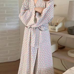 TEMU 2025년 봄 가을 신상 일본 스타일 하트 체크 패턴 루즈핏 편안한 캐주얼 홈웨어 파자마 가운