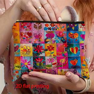TEMU 생생한 퀼트 디자인의 하트와 꽃이 있는 2차원 프린트 코인 파우치 1개. 귀여운 휴대용 지퍼형 화장품 정리함