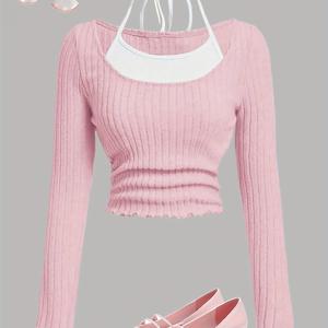 TEMU 여름/가을 신상 여아 패션. 예술적이고 우아한 하이엔드 디자인, 단색 장식. 컬러 블록 스타일의 페이크 투피스 긴팔 상의는 피크닉, 봄 나들이, 캐주얼 데일리룩에 완벽합니다.