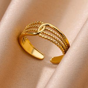 TEMU 여성용 오픈 링 - 골드 마감 레이어드 인터트와인드 밴드, 조절 가능한 오픈 디자인, 일상 및 공식 행사용 - 내구성 있는 스테인리스 스틸 주얼리 선물, 기념일, 생일, 결혼식 - 연중 우아한 레이어드 반지