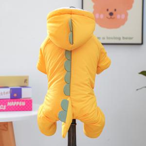 TEMU 귀여운 포메, 테디, 비숑프리제와 같은 소형견을 위한 플러시하고 두꺼운 코트 디자인된 따뜻하고 두꺼운 공룡 테마 노란색 후드 점프수트 (애완견용)