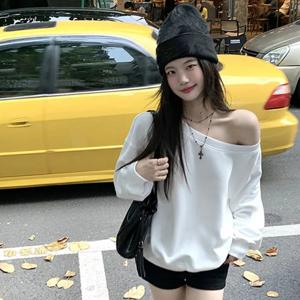 TEMU 가을/겨울 여성용 루즈핏 단색 원숄더 스웨트셔츠, 캐주얼하고 패셔너블한 레이지 스타일 오프숄더 긴소매 풀오버 상의
