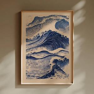 TEMU 1개 빈티지 일본 웨이브 리노컷 포스터 - & 웨이브 아트 프린트, 액자 없는 모던 일본 벽 장식 (거실, 침실용)