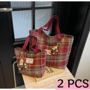 TEMU 2개 세트[대+소] - 대용량 출퇴근용 체크 무늬 싱글숄더 토트백, 커피색 엘프 펜던트 2개 포함, 가을 겨울용 체크 무늬 싱글숄더 가방, 직장, 여행, 학교 및 일상 외출용