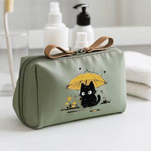 TEMU 귀여운 우산 고양이 디자인 화장품 & 여행 정리 파우치 - 그린//, 내구성 있는 우산 패턴 메이크업 백, 데일리 사용 및 이동 중 정리에 적합