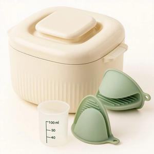 TEMU 전자레인지 1700ml 사각 찜기 1~3인용, 물쌀분리 다이어트 밥솥, 내외솥 분리 전자레인지 밥용기, 방열 집게+계량컵 세트