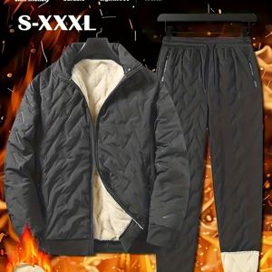 TEMU 남성 캐주얼 투피스 세트: 두꺼운 기모 안감 재킷 및 바지, 고품질 겨울 스포츠 지퍼 후드티, 탄성 허리 밴드 드로스트링 포켓, 단색 다용도 홈 아웃도어 스키 방풍 보온 기모 복합 속옷 상의 및 하의