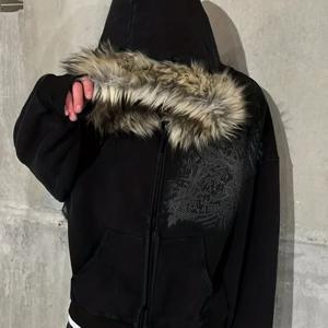 TEMU Y2K 스트리트웨어 빈티지 따뜻한 카디건 루즈핏 후드 스웨트셔츠 남녀공용, 겨울 패션 퍼리 칼라 후드티, 스트리트 스타일 스컬 프린트 지퍼 후드티, 행운을 부르는