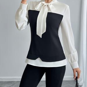 TEMU 1pc 우아한 하이넥 컬러 블록 셔츠, 리본 디테일, 폴리에스터 95% 엘라스탄 5%, 직조 단색, 봄 시즌 성인 셔츠