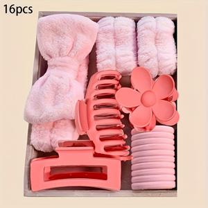 TEMU 16개 폴리에스터 소프트 헤어 밴드 세트, 빅 사이즈, 멀티 컬러, 무광 엔드, 클립 포함, 탄성, 리본 장식, 무향, 엉킴된 머리카락 정리용, 일반 헤어스타일