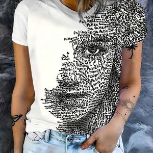 TEMU 여성용 페이션스 레터 아트 포트레이트 티셔츠 - 추상적인 '' & 'T' 레터 라운드넥 반팔 블라우스 - 세탁기 사용 가능 봄 여름 가을 캐주얼 탑, 레이디 포트레이트 캐주얼 의상 - 성숙한 스타일