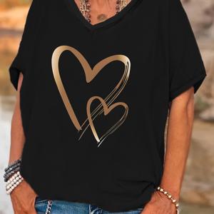 TEMU 플러스 사이즈, 트렌디한 플러스 사이즈 여성용 V넥 배트윙 슬리브 탑 - 골든 링크드 하트 프린트 캐주얼 티셔츠, 신축성 있는 세탁 가능 올시즌 셔츠, 비침 방지 원단, 편안한 소재, 루즈핏 티셔츠, 스타일리쉬 레이디스