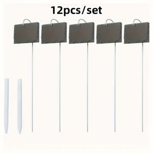 TEMU 12개/22개/32개 자연 슬레이트 식물 라벨 스테인리스 스틸 말뚝 포함, 방수 재사용 가능한 돌식물 태그, 정원 표지판, 방수 매달림형 암석 식물 마커 & 금속 말뚝, 잔디밭 및 정원 가꾸기에 적합한 야외 식물 식별 | 컨트리 가든 장식