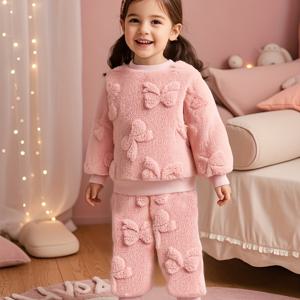 TEMU 여아용 긴팔 플러시 가을/겨울 의상, 라운드넥 및 리본 매듭, 미니 패턴 특징, 따뜻하고 캐주얼한 착용에 적합, 투피스 세트로 제공, 야외 활동에 적합