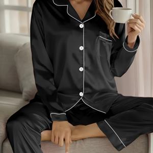 TEMU 여성용 새틴 캐주얼 편안한 1세트 2피스 파자마 세트, 턴칼라 긴팔 상의 & 탄성 허리 바지 여성 파자마 세트